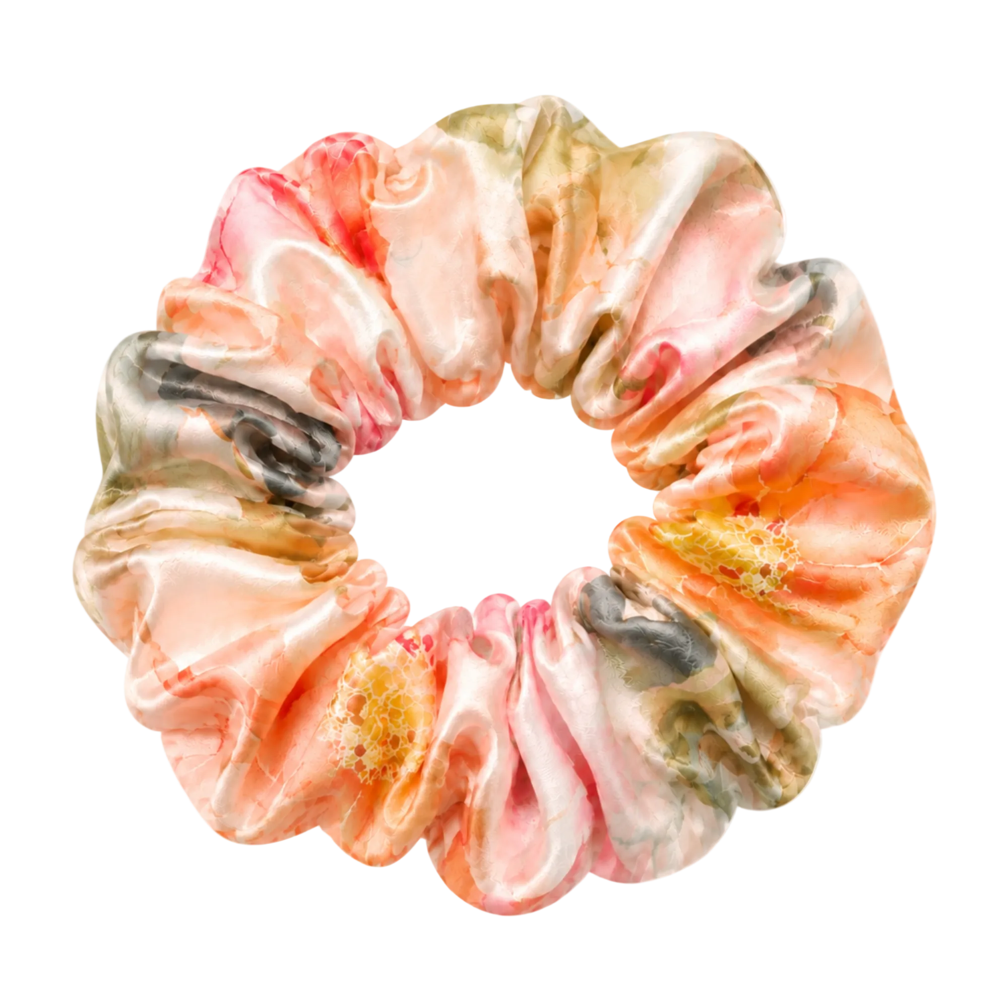 A mulberry silk scrunchie with a marbled watercolor floral pattern in peach, pink, beige, olive green, and dark gray, isolated on a transparent background.