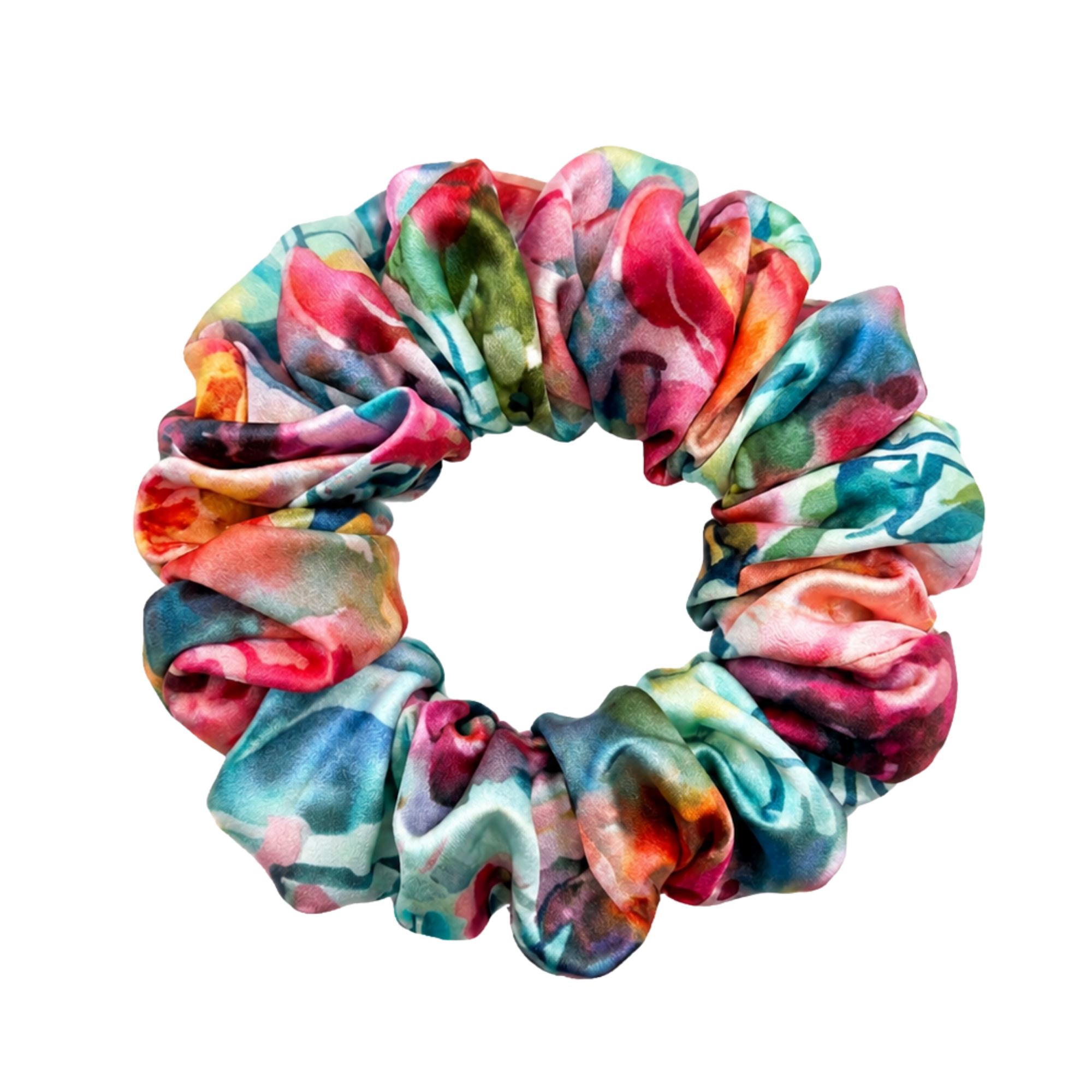 A mulberry silk hair scrunchie with a vibrant watercolor floral print featuring shades of teal, pink, red, orange, and green on a transparent background.