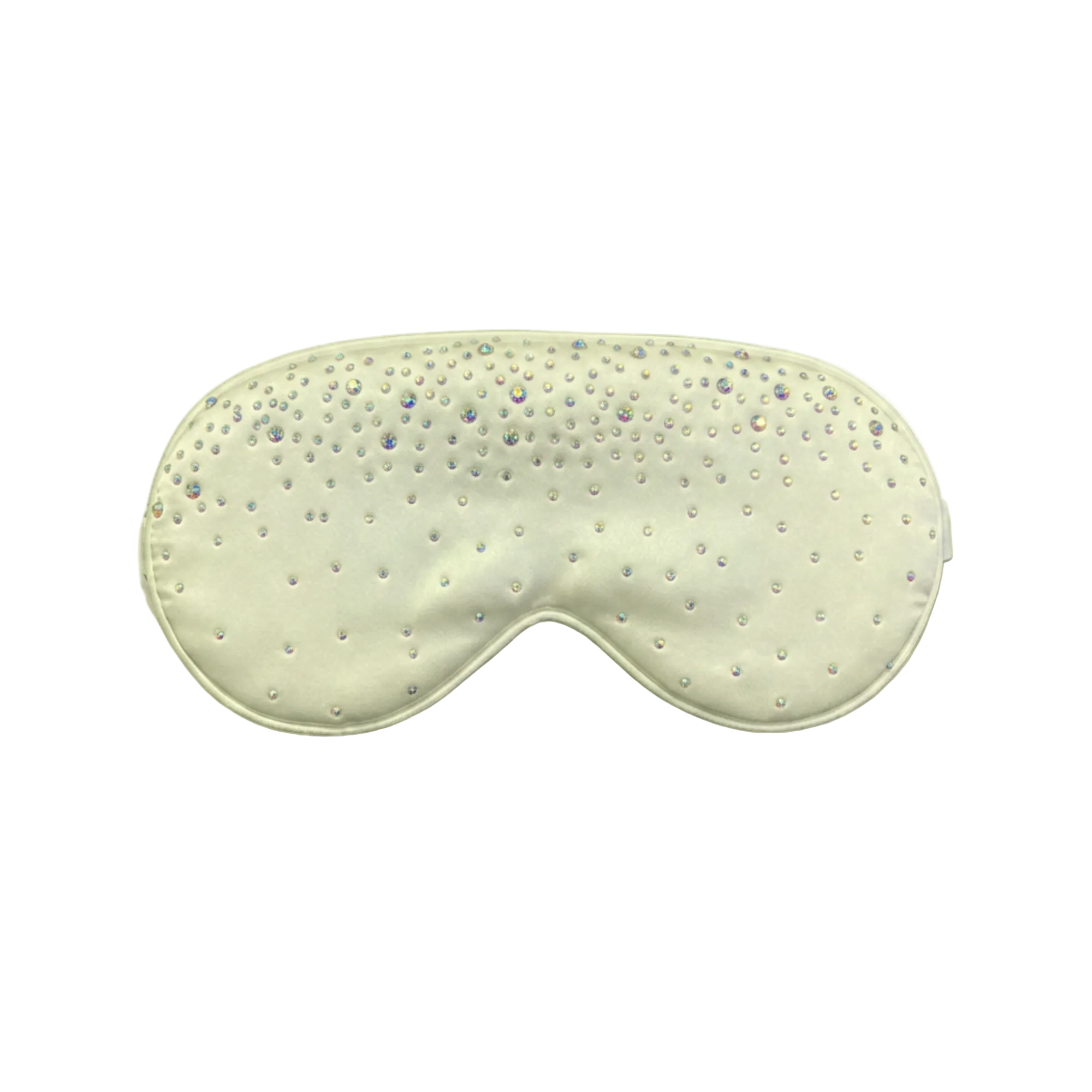 Beige silk sleep/ eye mask with small rhinestone embellishments on a white background