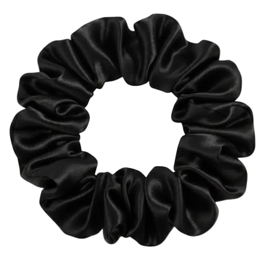 Black  100% mulberry silk 3.5cm Medium Scrunchie on a white background 