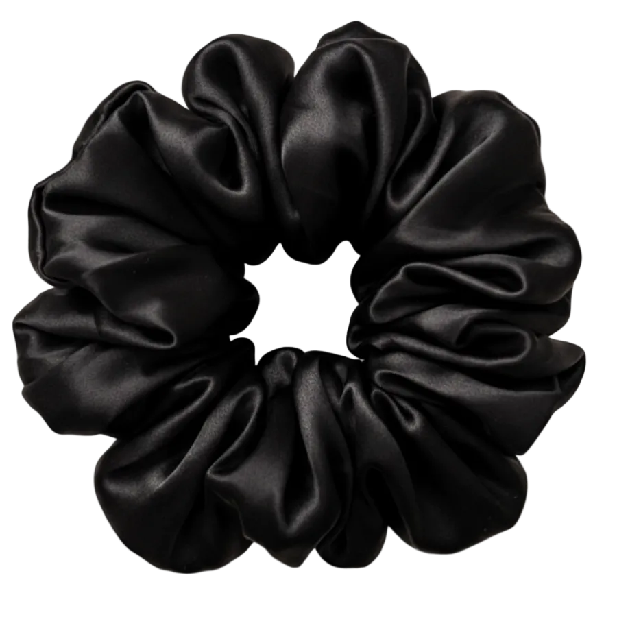 Black 100% mulberry silk 6.5cm XL Scrunchie on a white background