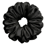 Black mulberry silk 2XL hair scrunchie on a white background