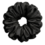 Black mulberry silk 2XL hair scrunchie on a white background