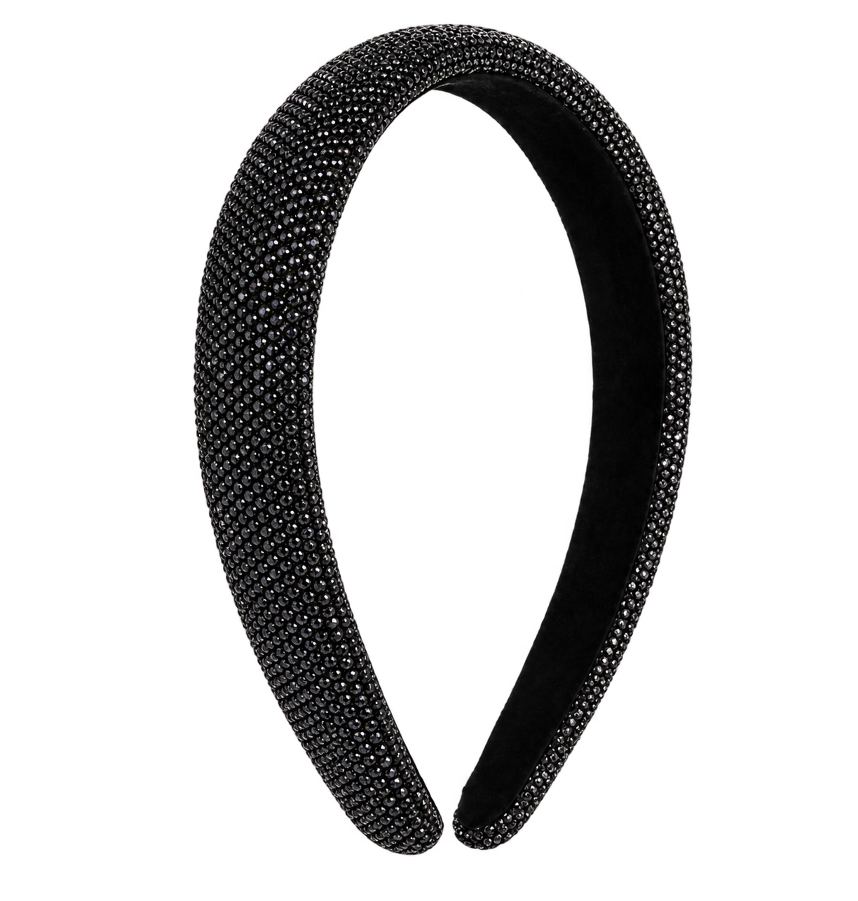 A wide black headband embellished with sparkling rhinestones, shown against a transparent background.