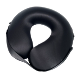 Black U-Shaped Memory Foam Travel Neck Pillow with Velcro strap on a white background