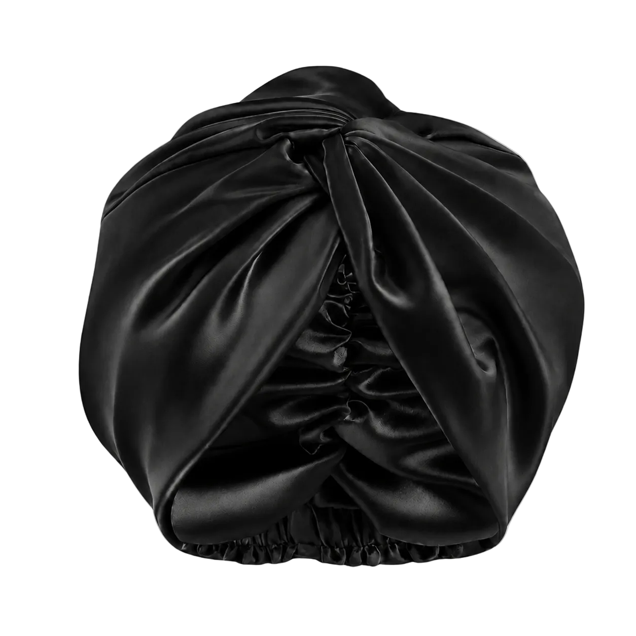 A black mulberry silk turban-style hair wrap or head covering, shown from a top-down view on a transparent checkerboard background.
