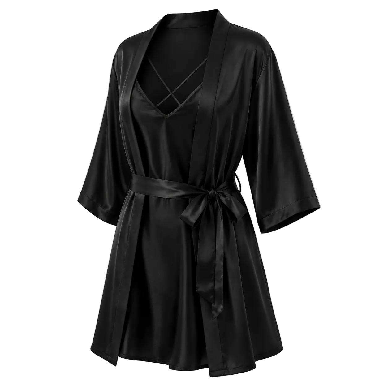 A black mulberry silk robe with wide three-quarter sleeves, a V-neckline, and a self-tie belt, shown on a transparent checkerboard background.