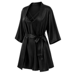 A black mulberry silk robe with wide three-quarter sleeves, a V-neckline, and a self-tie belt, shown on a transparent checkerboard background.