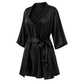 A black mulberry silk robe with wide three-quarter sleeves, a V-neckline, and a self-tie belt, shown on a transparent checkerboard background.
