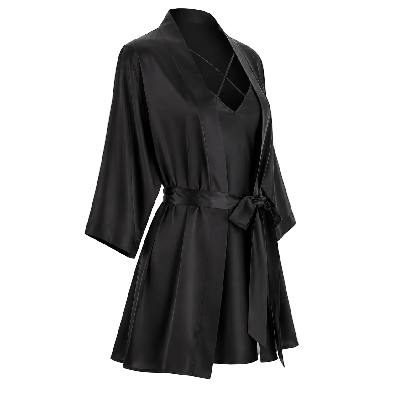 A black mulberry silk robe with wide three-quarter sleeves, a V-neckline, and a self-tie belt, shown on a transparent checkerboard background.