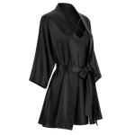 A black mulberry silk robe with wide three-quarter sleeves, a V-neckline, and a self-tie belt, shown on a transparent checkerboard background.