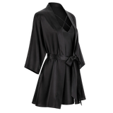 A black mulberry silk robe with wide three-quarter sleeves, a V-neckline, and a self-tie belt, shown on a transparent checkerboard background.