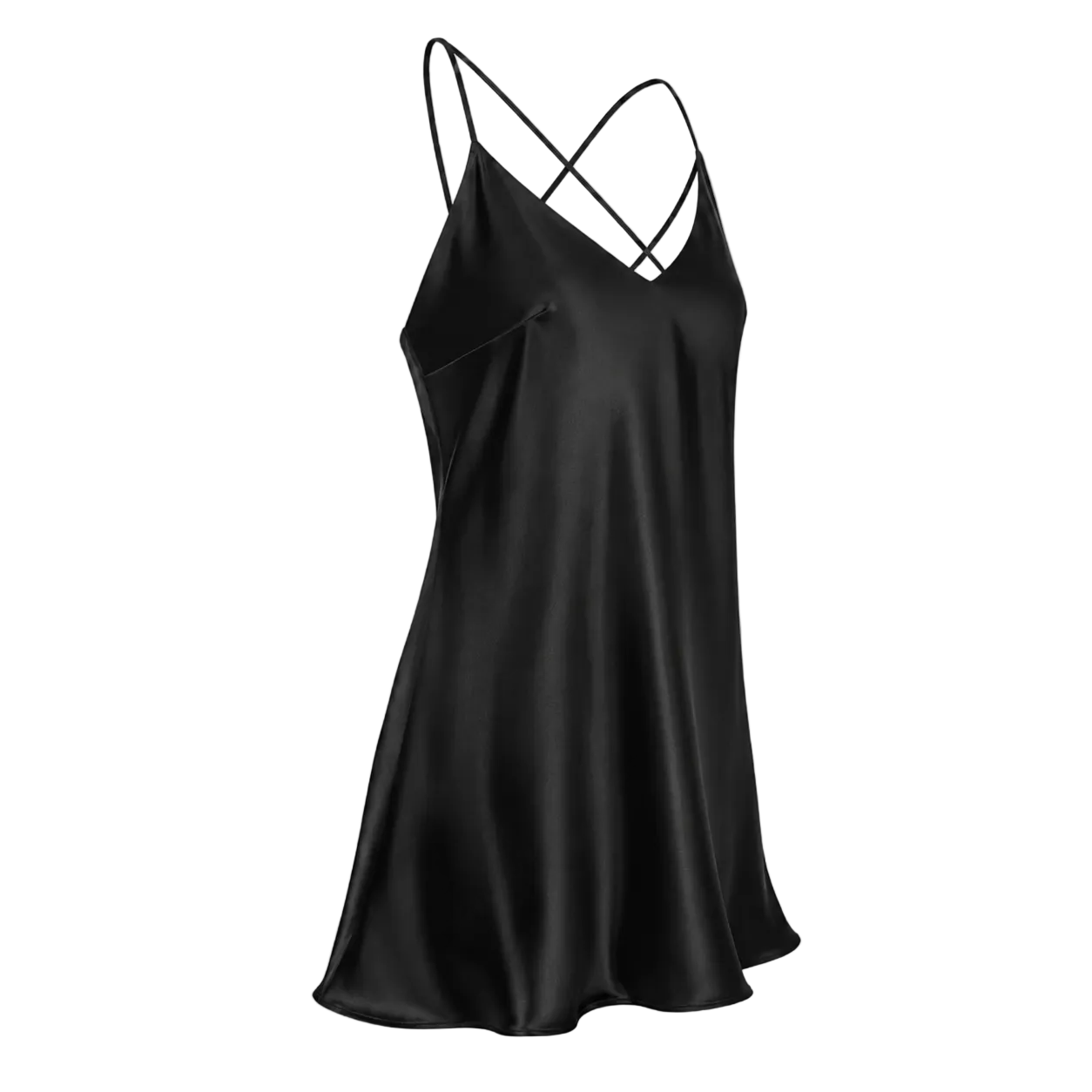 A black mulberry silk slip dress with thin criss-cross spaghetti straps and a V-neckline, shown on a transparent checkered background.