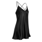 A black mulberry silk slip dress with thin criss-cross spaghetti straps and a V-neckline, shown on a transparent checkered background.