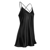 A black mulberry silk slip dress with thin criss-cross spaghetti straps and a V-neckline, shown on a transparent checkered background.
