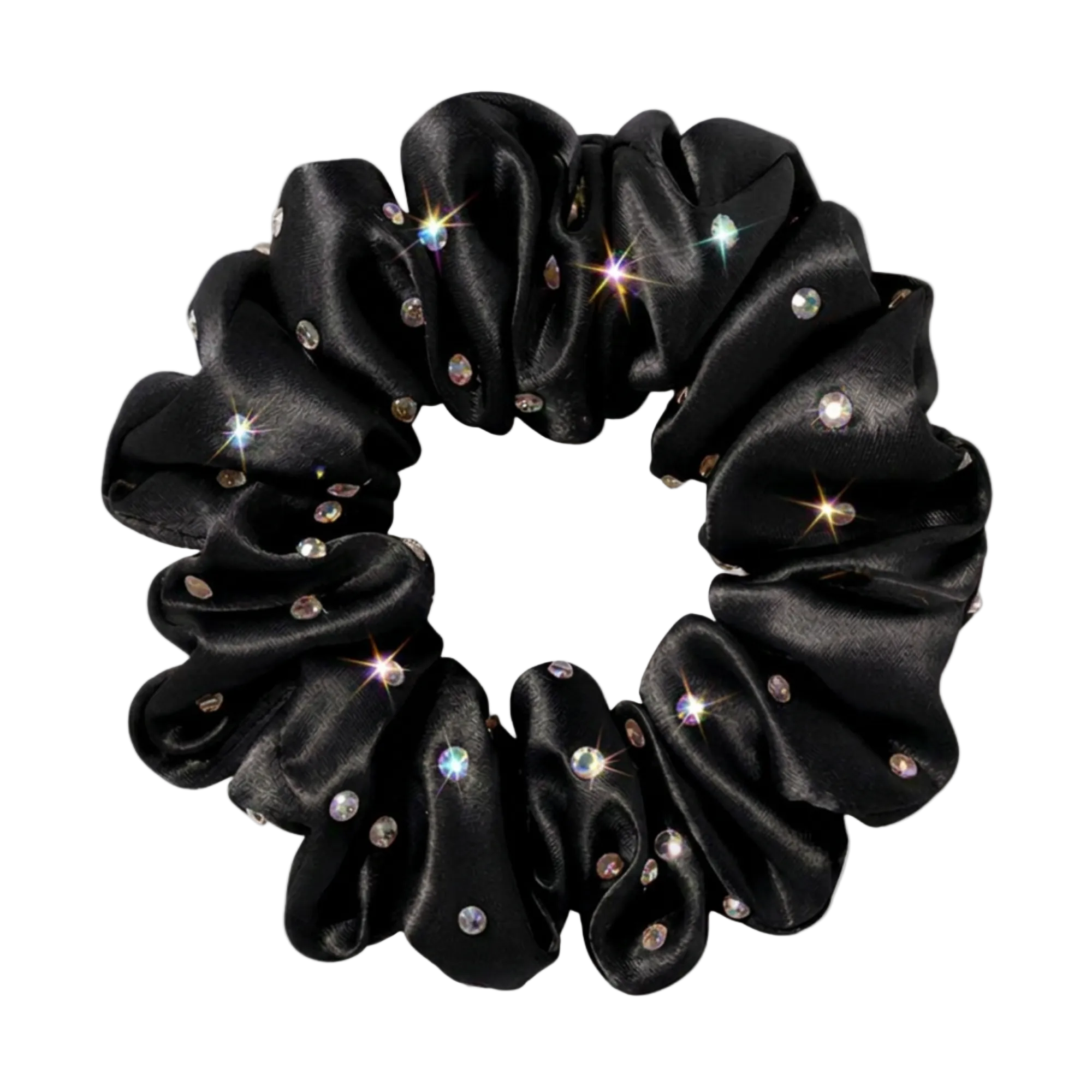 Black silk scrunchie with embedded rhinestones on a white background