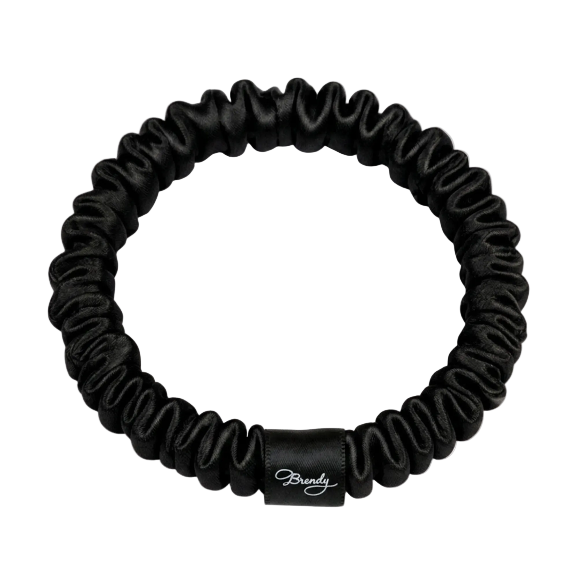 Black skinny silk scrunchie with a black Brindy Label on a white 