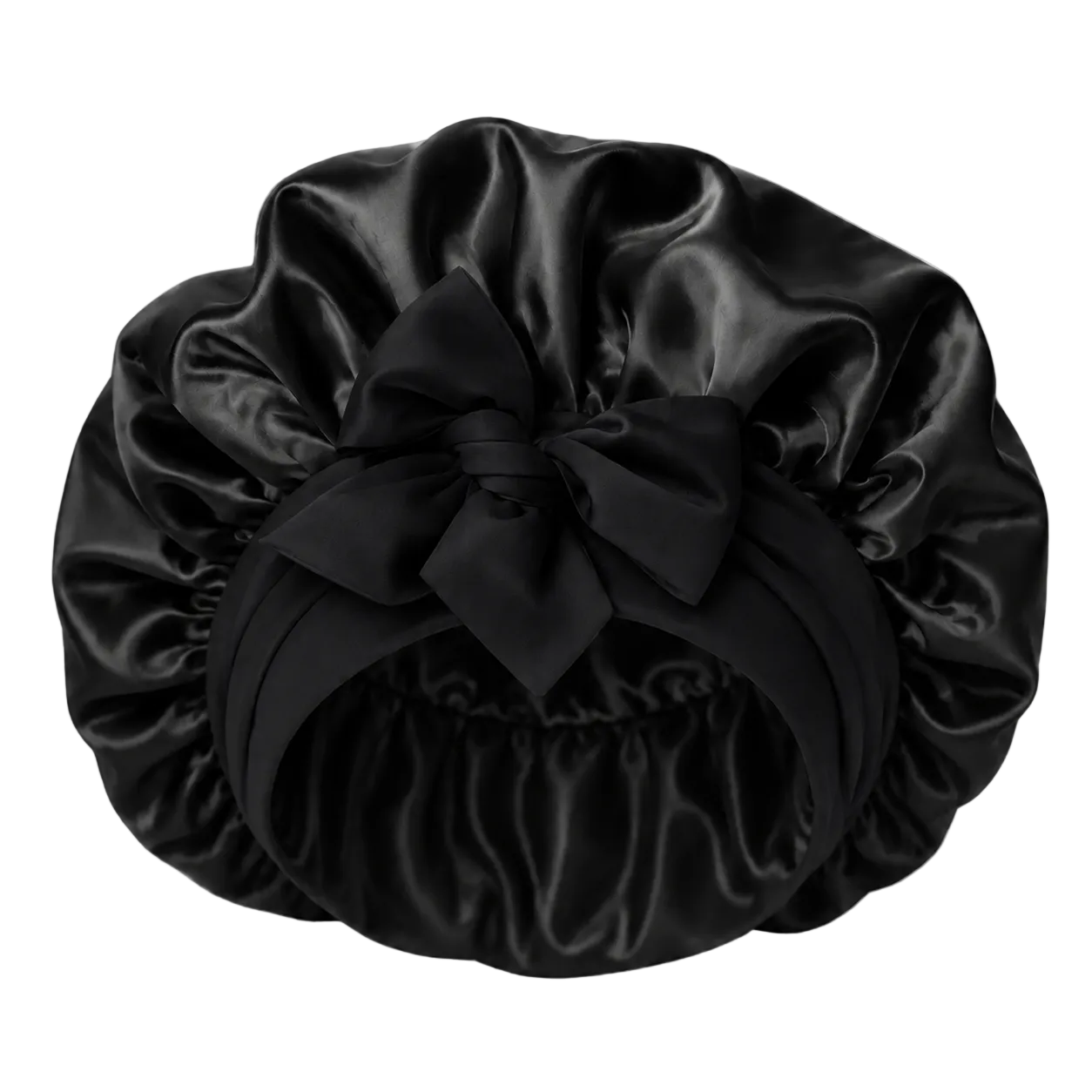 A black mulberry silk tie bonnet wiith a large matching satin bow, shown against a transparent checkerboard background.
