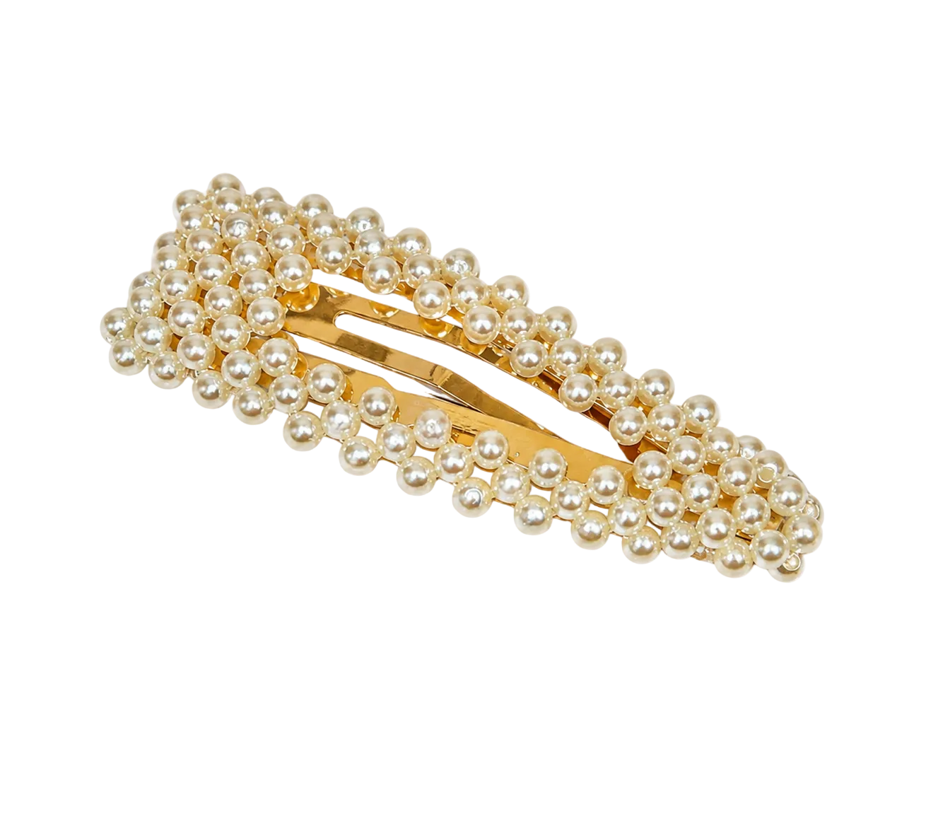 A gold-tone hair clip embellished with multiple rows of small white faux pearls, shown on a transparent checkered background.