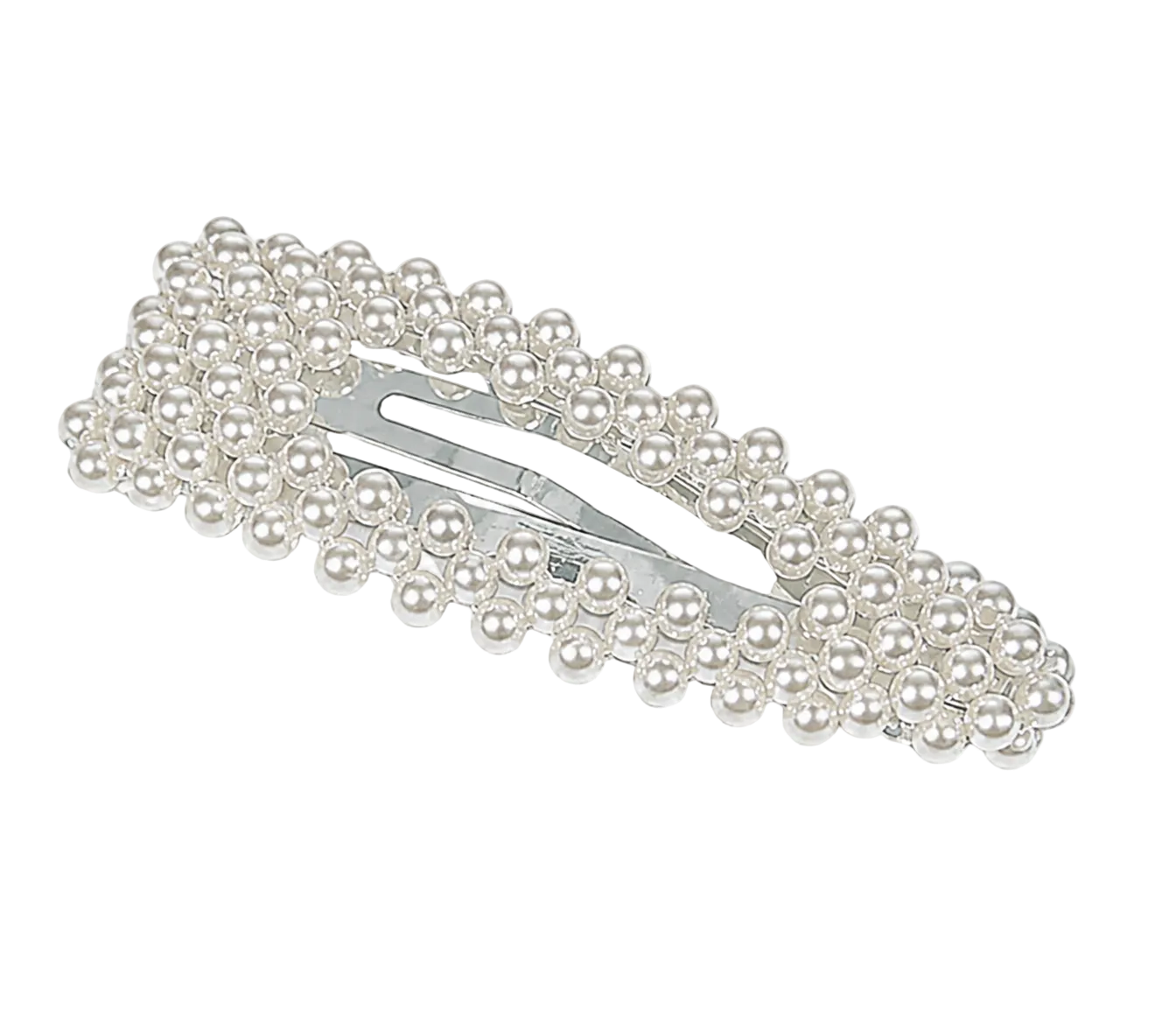 A silver hair clip embellished with multiple rows of small white faux pearls, shown on a white and gray checkered background.