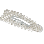 A silver hair clip embellished with multiple rows of small white faux pearls, shown on a white and gray checkered background.