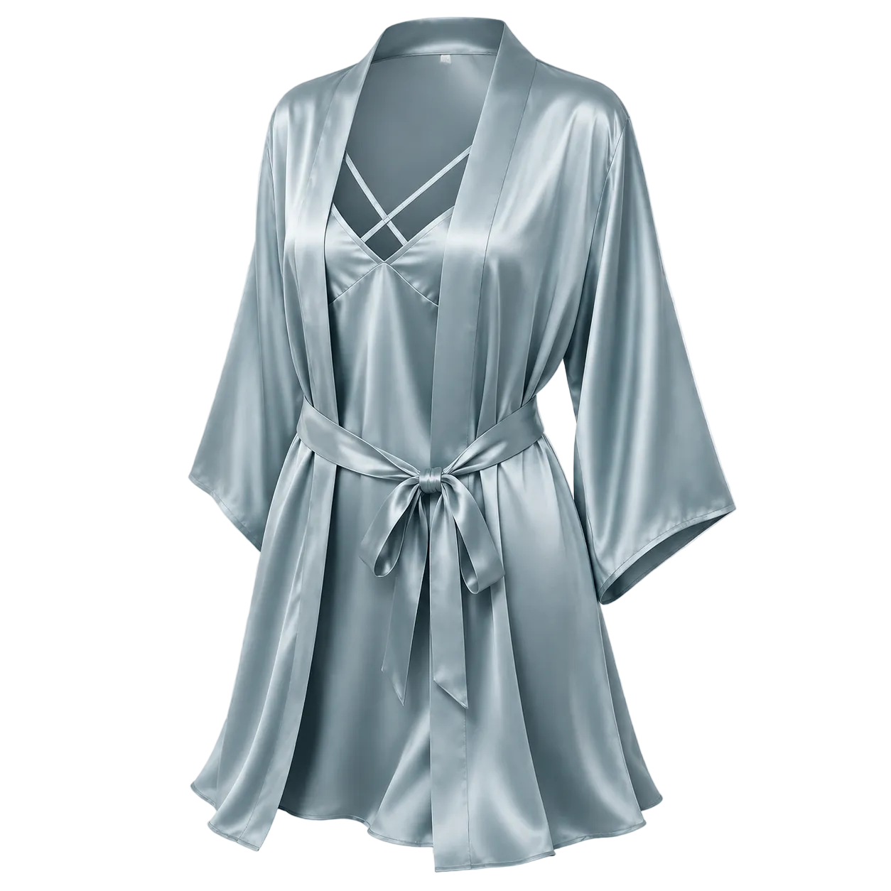 A blue-green mulberry silk robe with a tie waist belt, shown on a transparent checkered background.