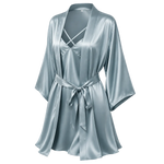 A blue-green mulberry silk robe with a tie waist belt, shown on a transparent checkered background.