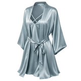 A blue-green mulberry silk robe with a tie waist belt, shown on a transparent checkered background.