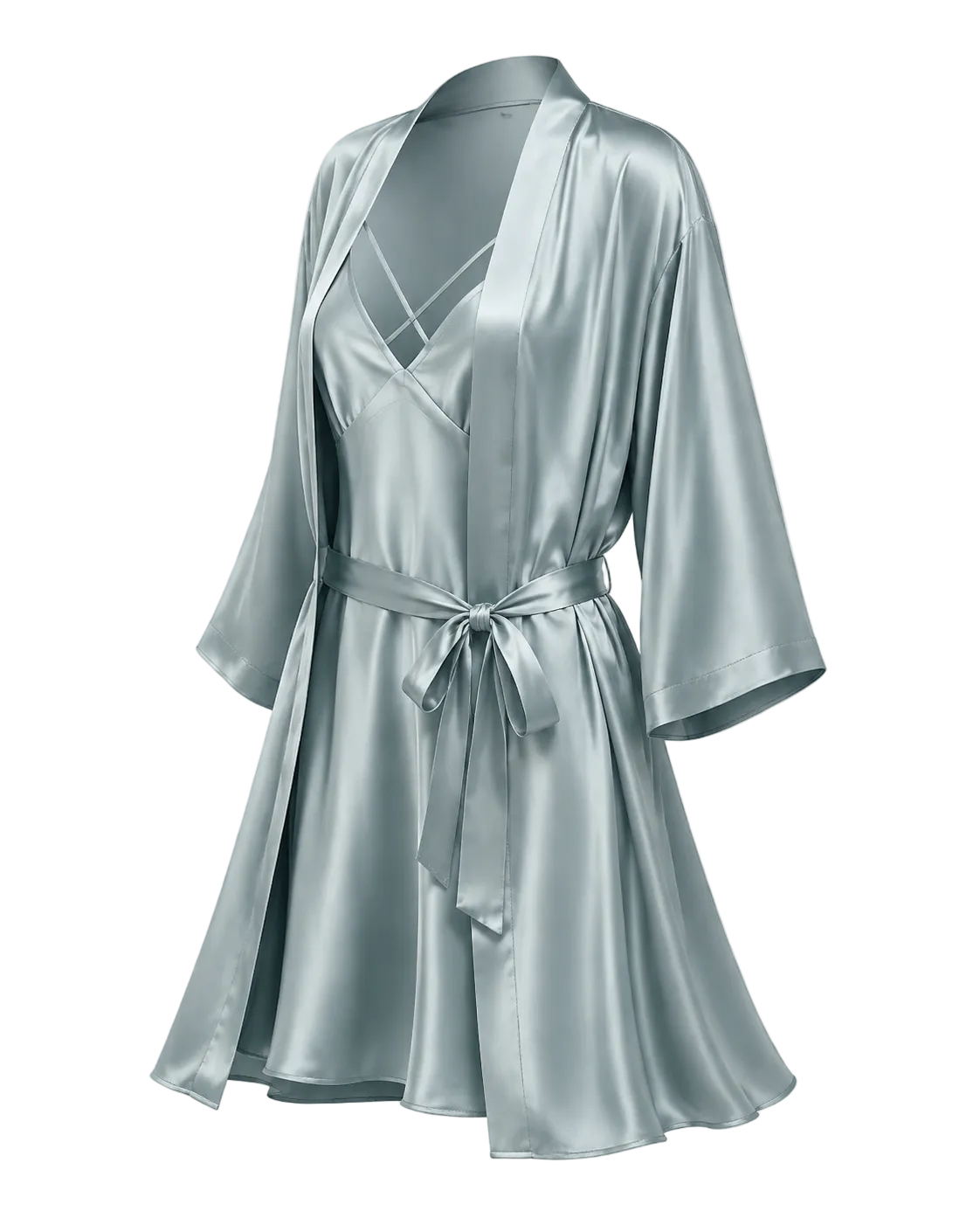 A blue-green mulberry silk robe with a tie waist belt, shown on a checkered background.