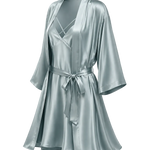 A blue-green mulberry silk robe with a tie waist belt, shown on a checkered background.