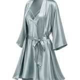 A blue-green mulberry silk robe with a tie waist belt, shown on a checkered background.