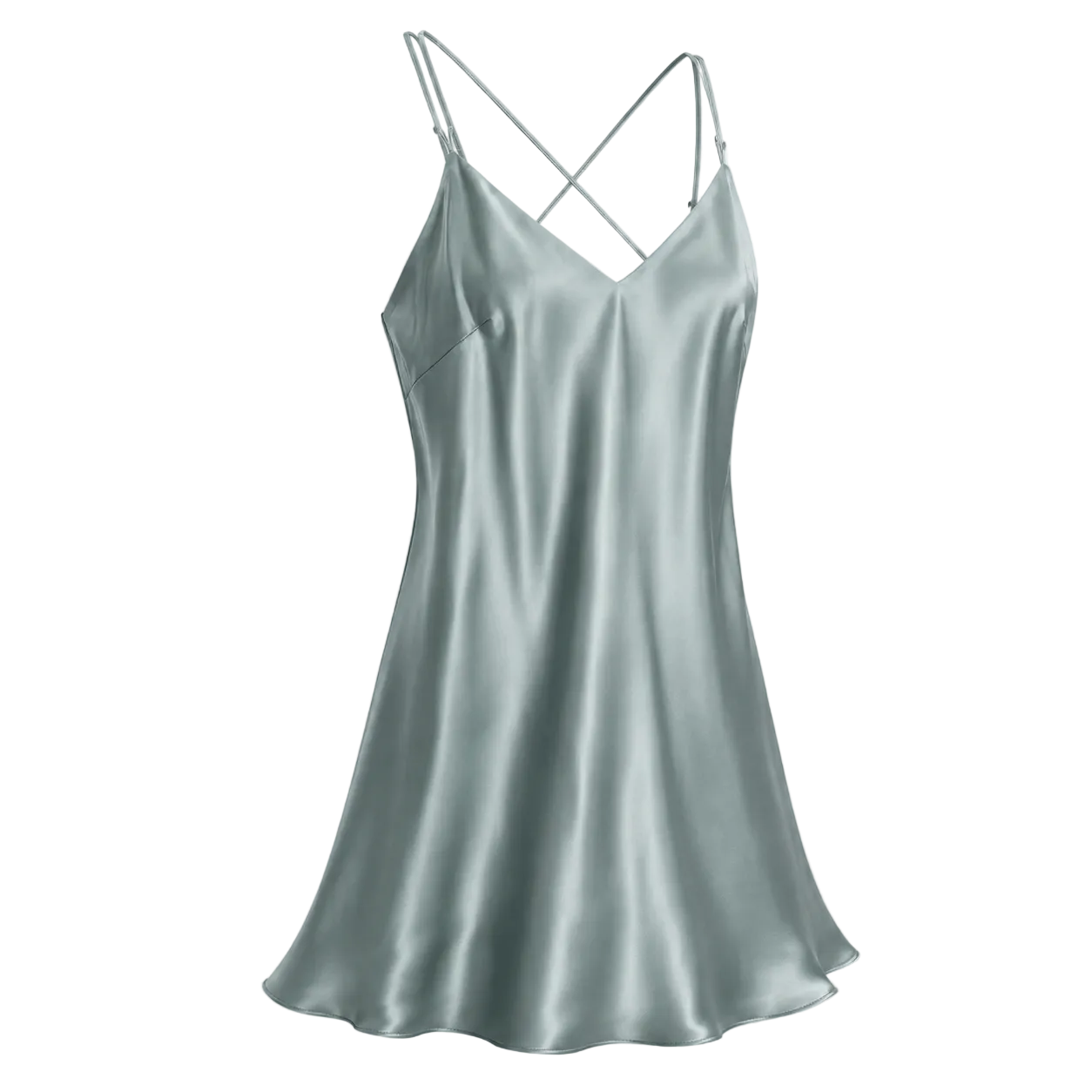 A light sage green mulberry silk slip dress with thin spaghetti straps and a crisscross back, shown on a transparent checkered background.