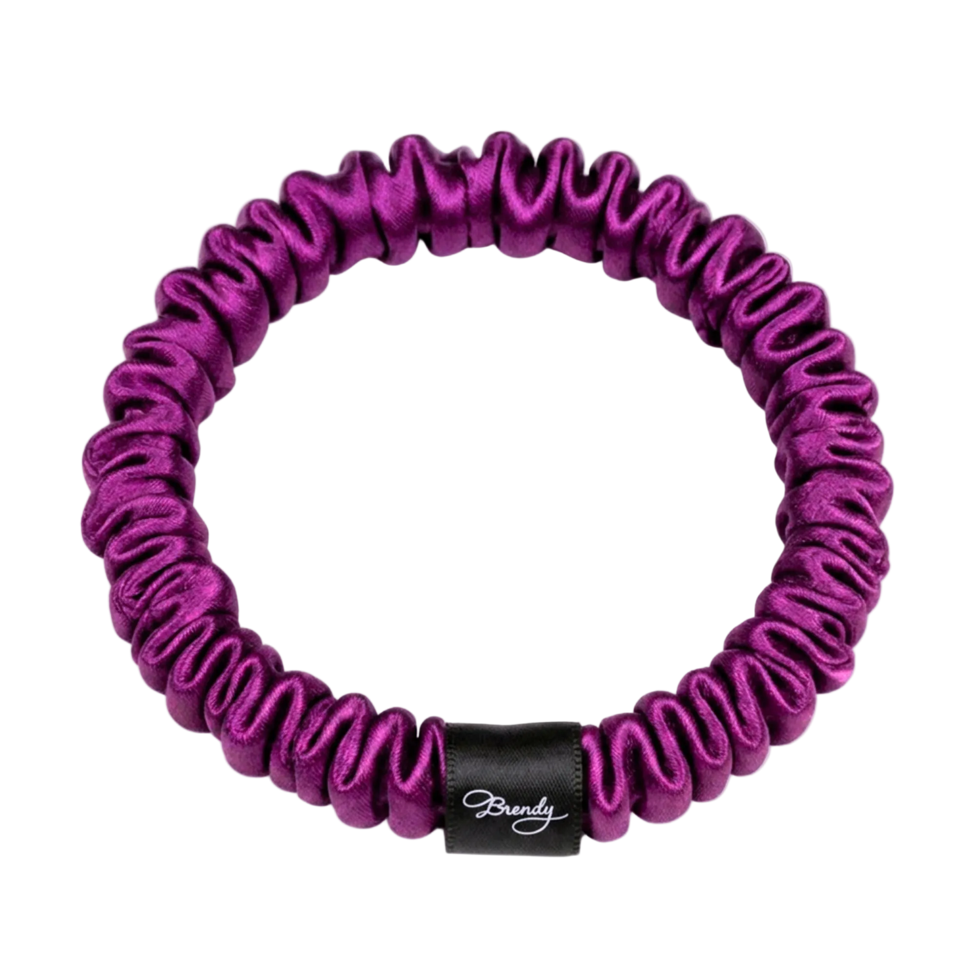 Bordeaux skinny silk scrunchie with a black Brindy Label on a white background