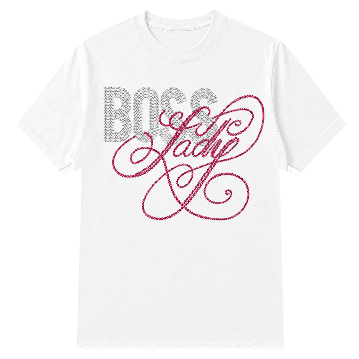 A white short-sleeve crewneck t-shirt featuring a rhinestone-style graphic on the chest with the word 'BOSS' in silver block letters and 'Lady' in pink cursive script on a tgransparent background