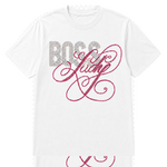 A white short-sleeve crewneck t-shirt featuring a rhinestone-style graphic print on the front. The print displays the word 'BOSS' in silver rhinestones and 'Lady' in a large, swirling pink rhinestone script.