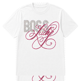 A white short-sleeve crewneck t-shirt featuring a rhinestone-style graphic print on the front. The print displays the word 'BOSS' in silver rhinestones and 'Lady' in a large, swirling pink rhinestone script.
