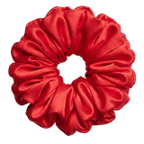Bright Red mulberry silk 2XL hair scrunchie on a white background
