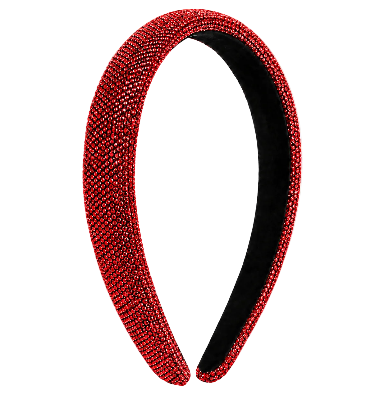 A wide, curved headband covered in sparkling bright red rhinestones, with a black fabric inner band, shown on a white and gray checkered background.