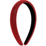 A wide, curved headband covered in sparkling bright red rhinestones, with a black fabric inner band, shown on a white and gray checkered background.