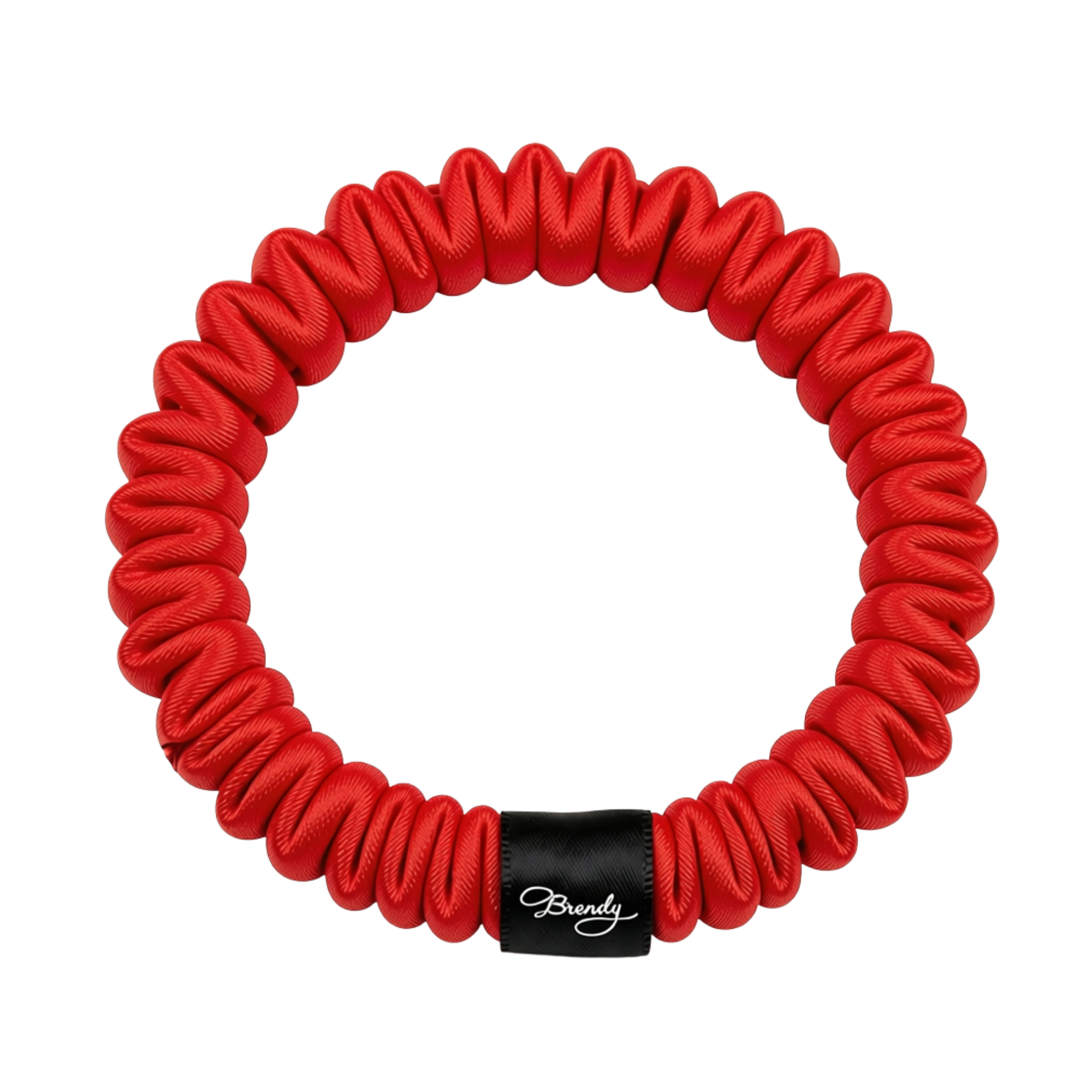 Bright Red  skinny silk scrunchie with a black Brindy Label on a white background