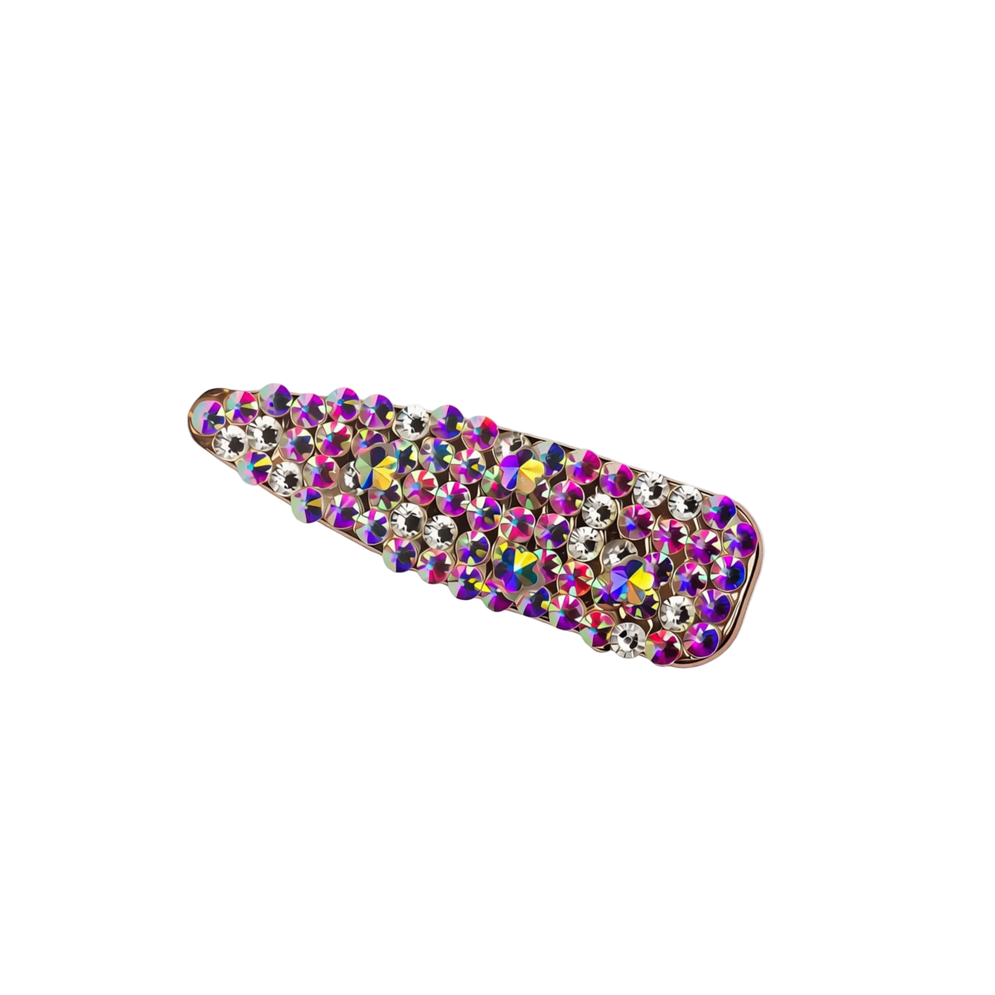 A gold-toned hair claw clip embellished with a dense array of colorful rhinestones, including purple, pink, blue, yellow, and silver, shown on a plain white background.