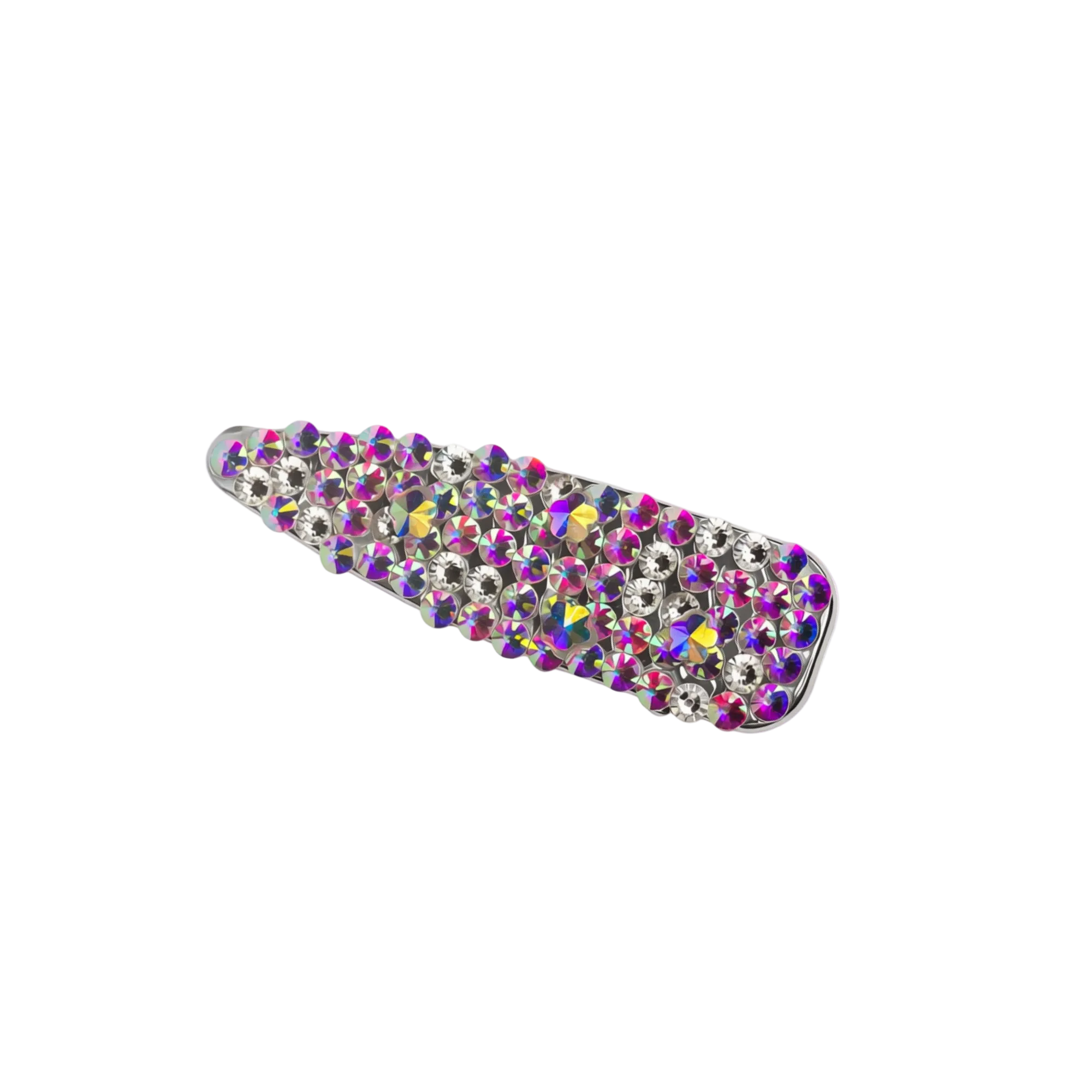 A silver-toned hair claw clip embellished with dense rhinestones in silver, purple, pink, and iridescent colors, shown on a plain white background.