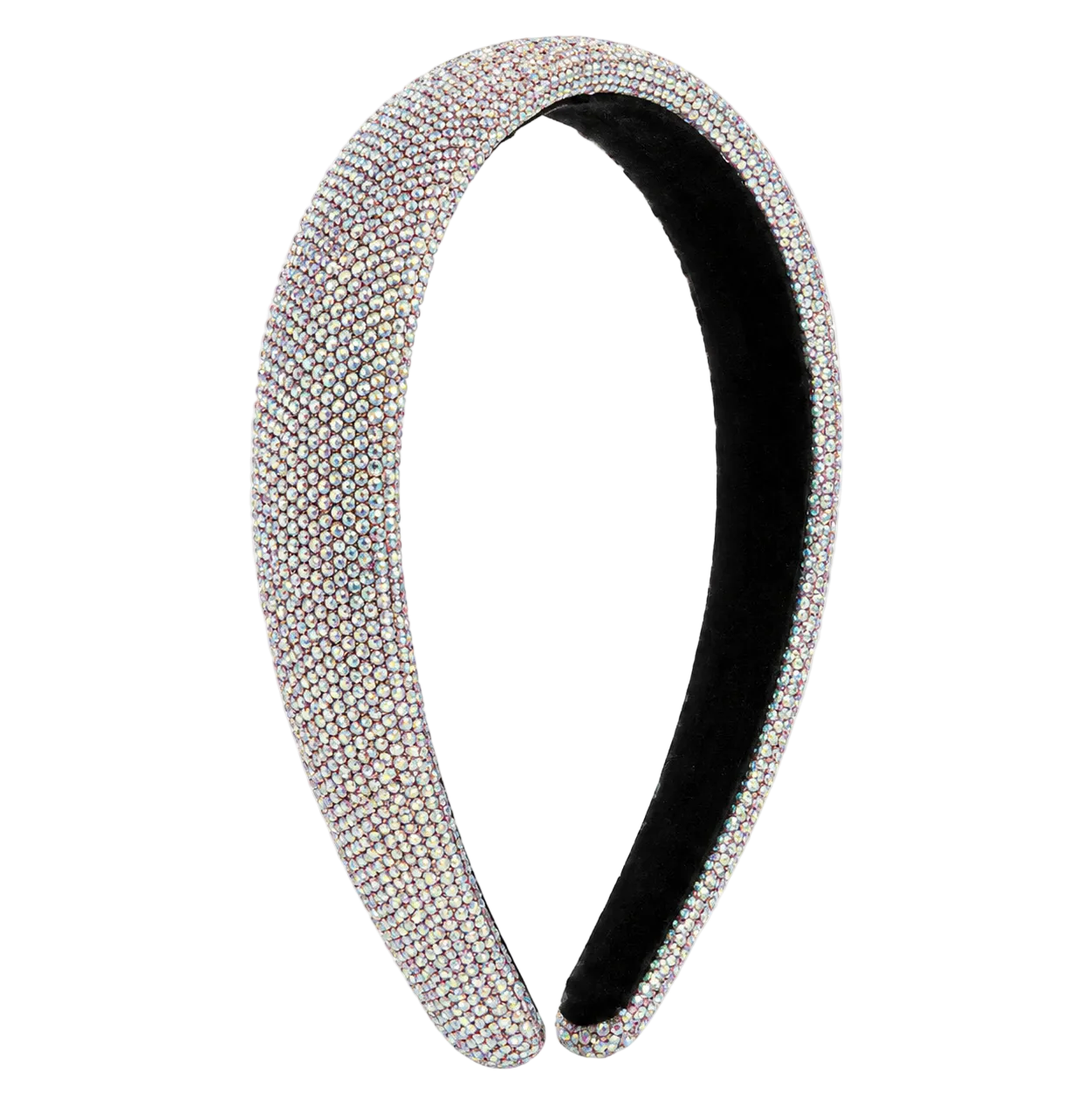 A wide, curved headband embellished with dense AB colored rhinestones on the exterior and a black fabric lining on the interior, shown against a white and gray checkered transparency background.