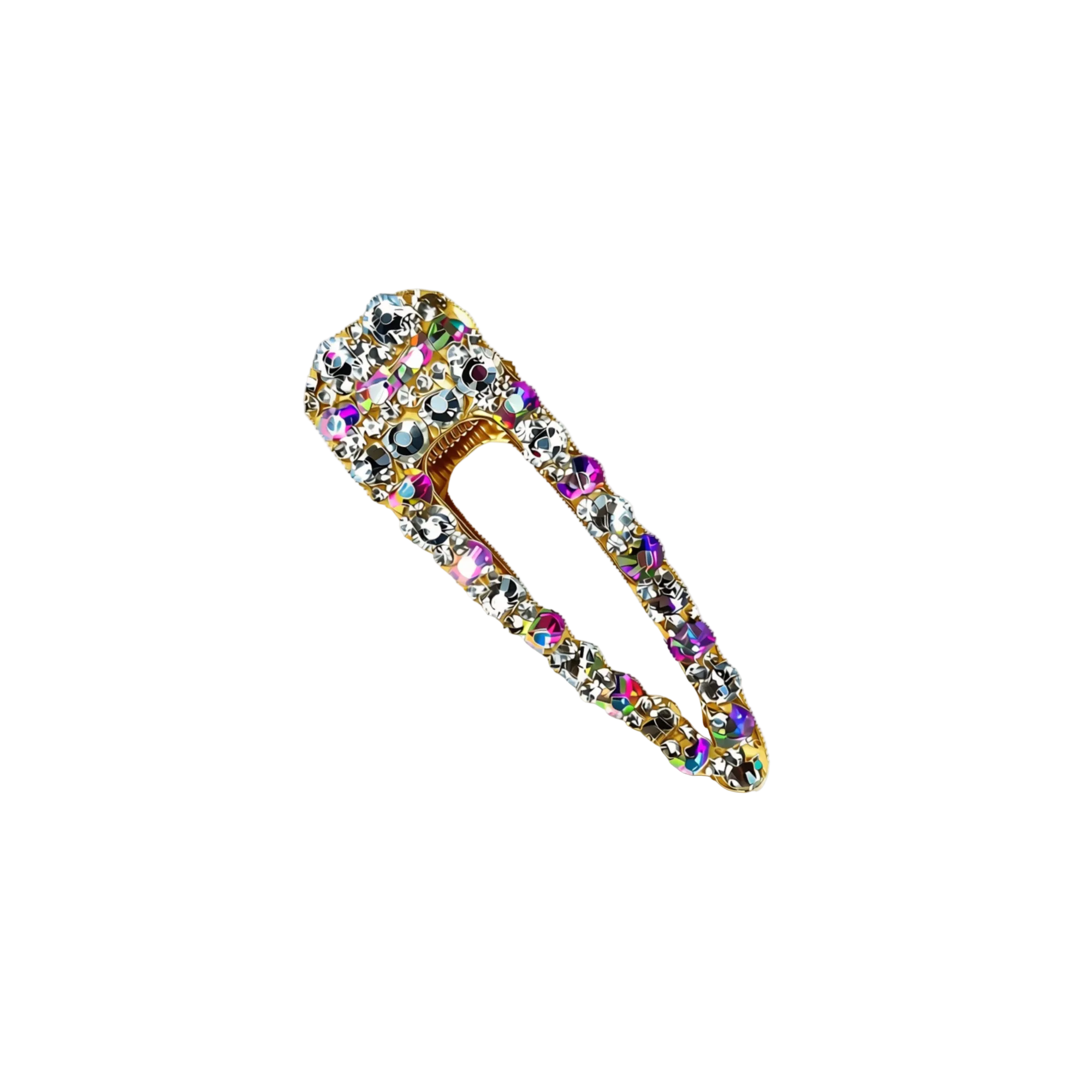 A gold-toned hair claw clip embellished with clear rhinestones and colorful iridescent crystals, shown on a transparent background.