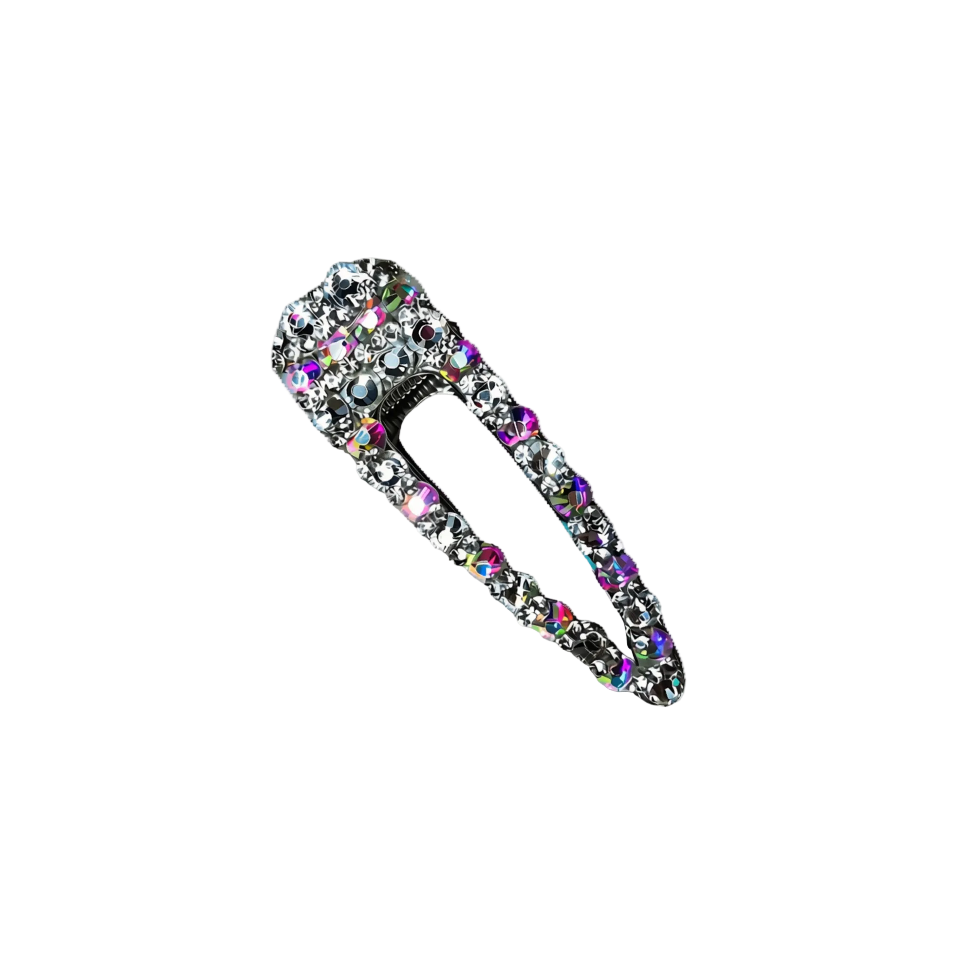 Rhinestone barrette with AB colored stones and a opening in silver with a transparent background