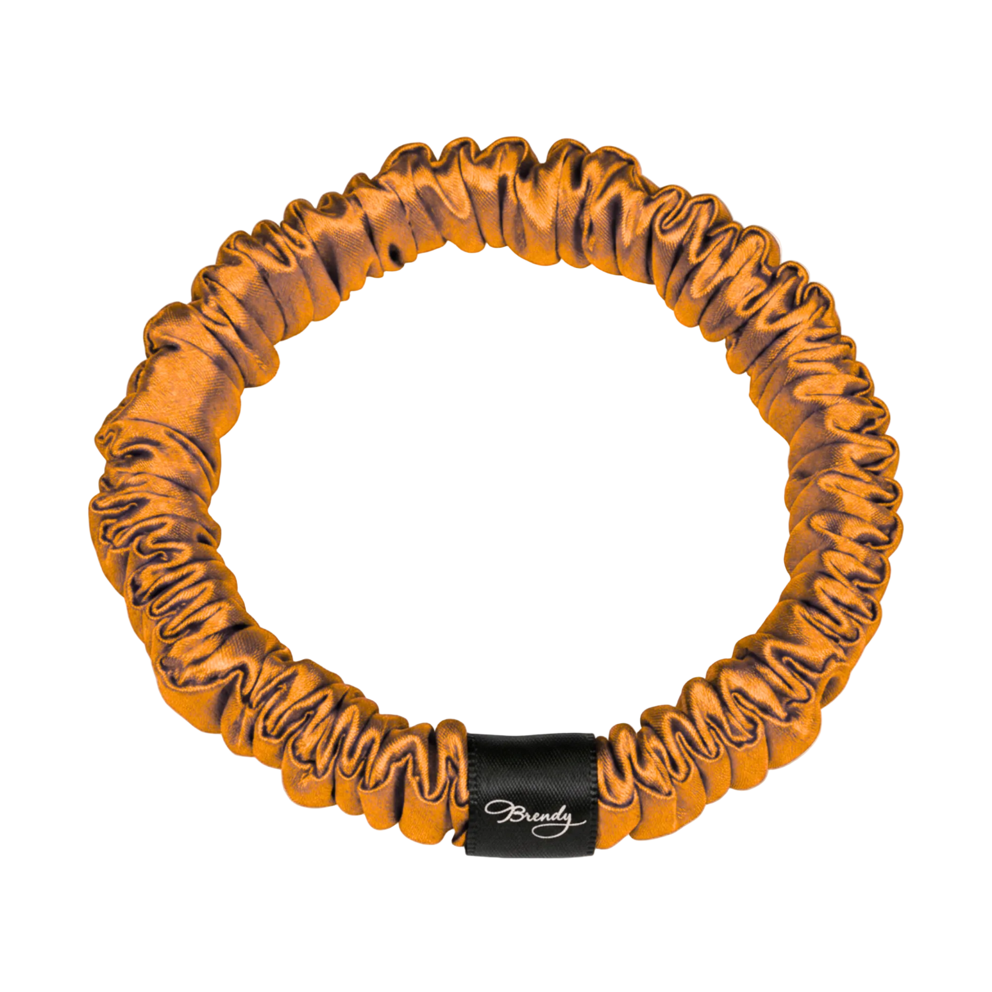 Bronze skinny silk scrunchie with a black Brindy Label on a white background