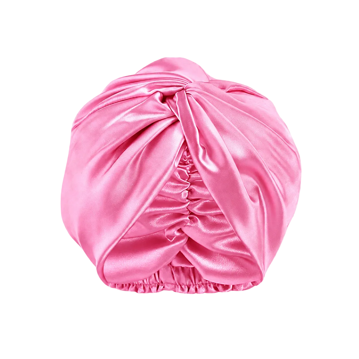 A mulberry silk bubblegum pink  turban-style hair bonnet with a gathered elastic bottom, shown alone on a transparent checkerboard background.
