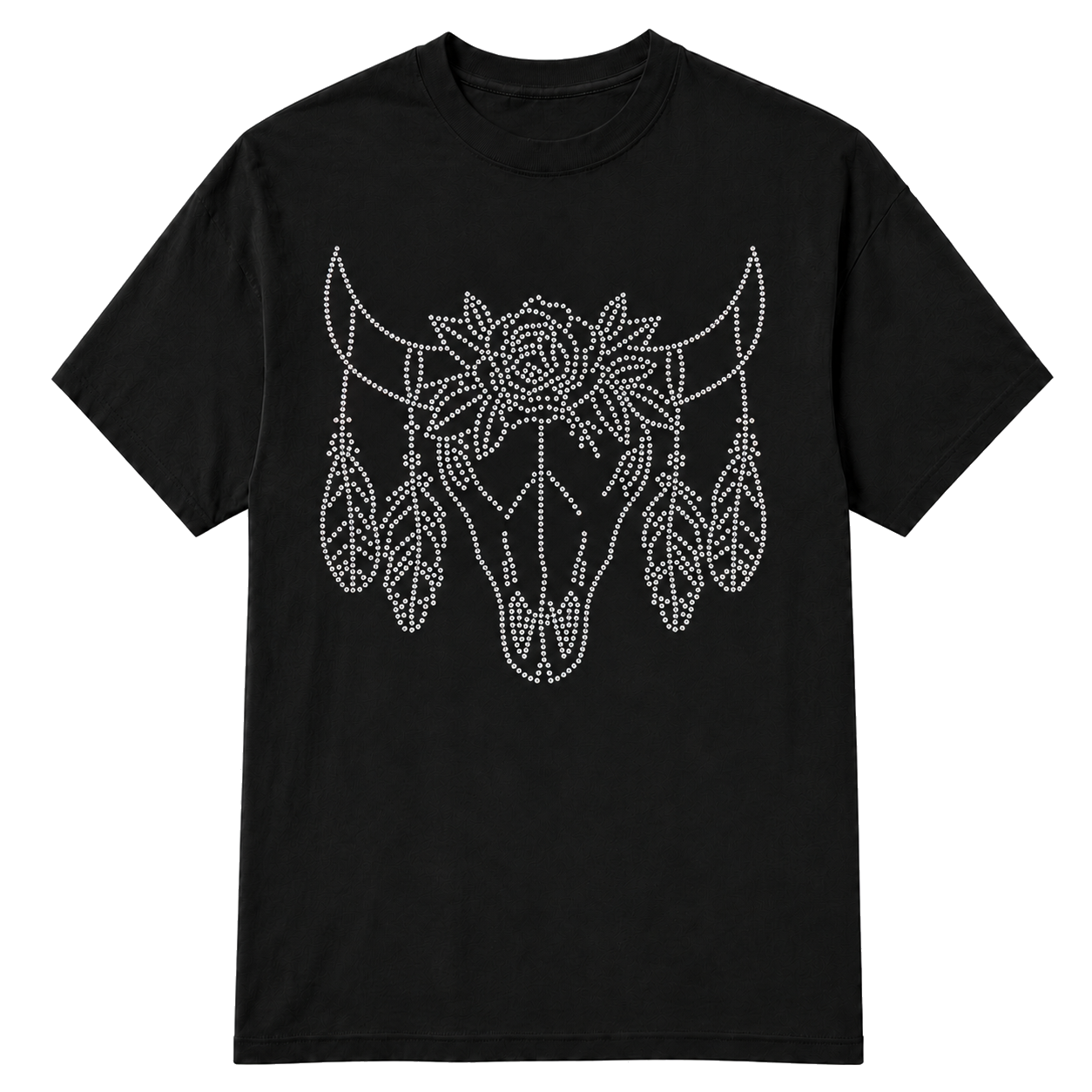 A black t-shirt with a AB Rhinestone Bullhead with feathers dangling from the antlers on a transparent background.