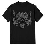 A black t-shirt with a AB Rhinestone Bullhead with feathers dangling from the antlers on a transparent background.
