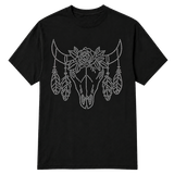 A black t-shirt with a AB Rhinestone Bullhead with feathers dangling from the antlers on a transparent background.